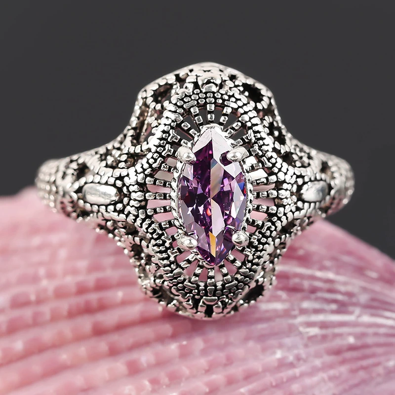 

Luxury Silver Color Hallow out Ring Vintage Purple Crystal CZ Stone Rings For Women Punk Party Boho Jewelry Accessories B4M411