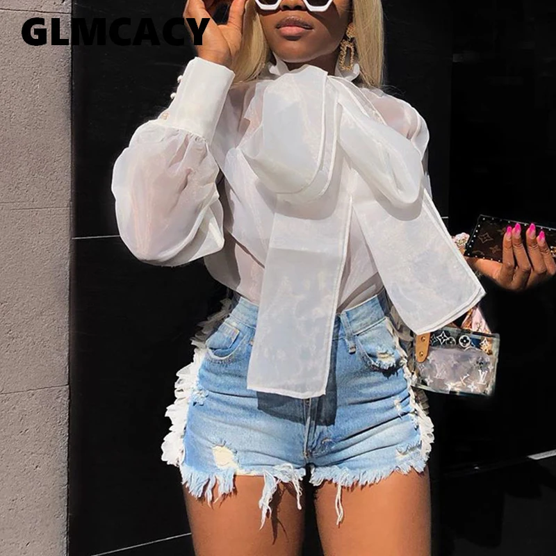 Женские топы с бантом на шее белые рубашки рукавами фонариками элегантные