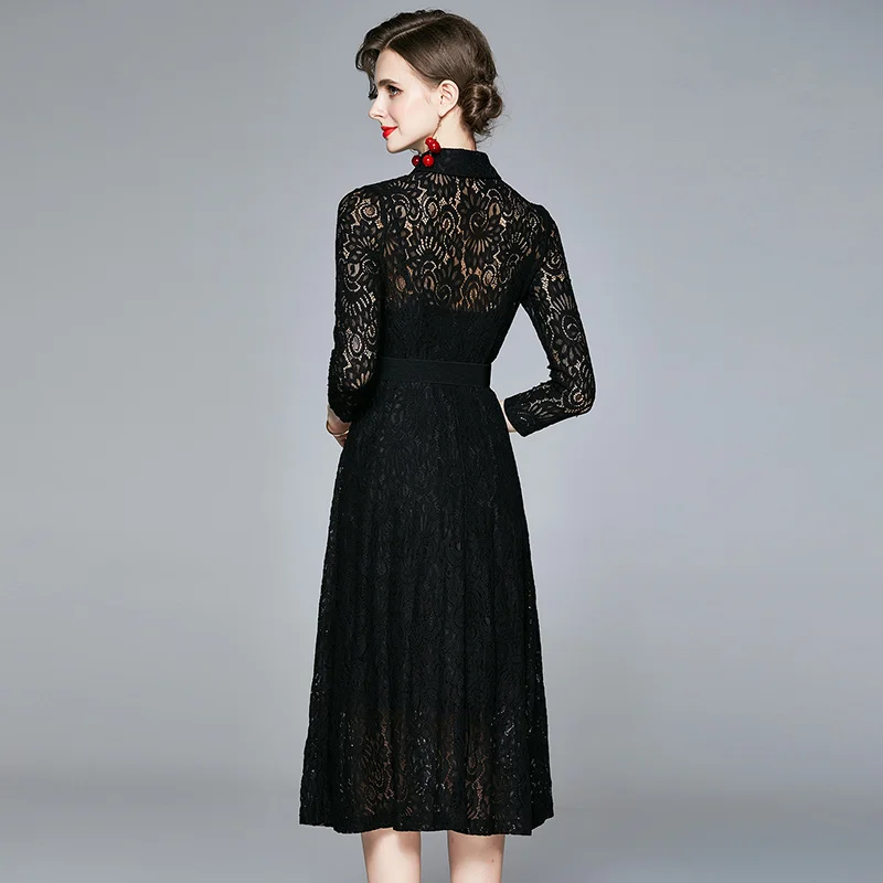 

New Elegant Vintage Fashion Women Black Lace Slim Tunic High Waist Evening Party Dress Lady Long Sleeve Maxi Dresses