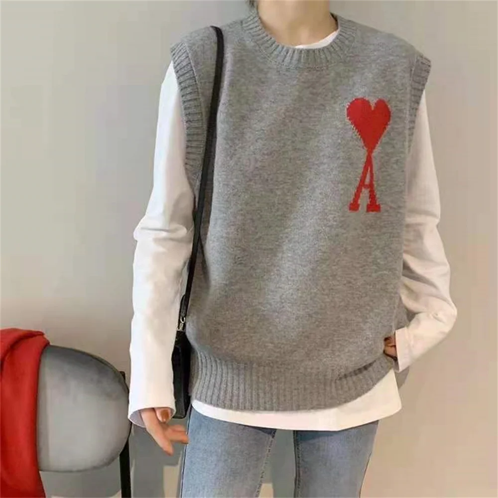 

ami spring and autumn knitted vest big loving heart embroidery round neck loose casual sleeveless vest off shoulder 2021