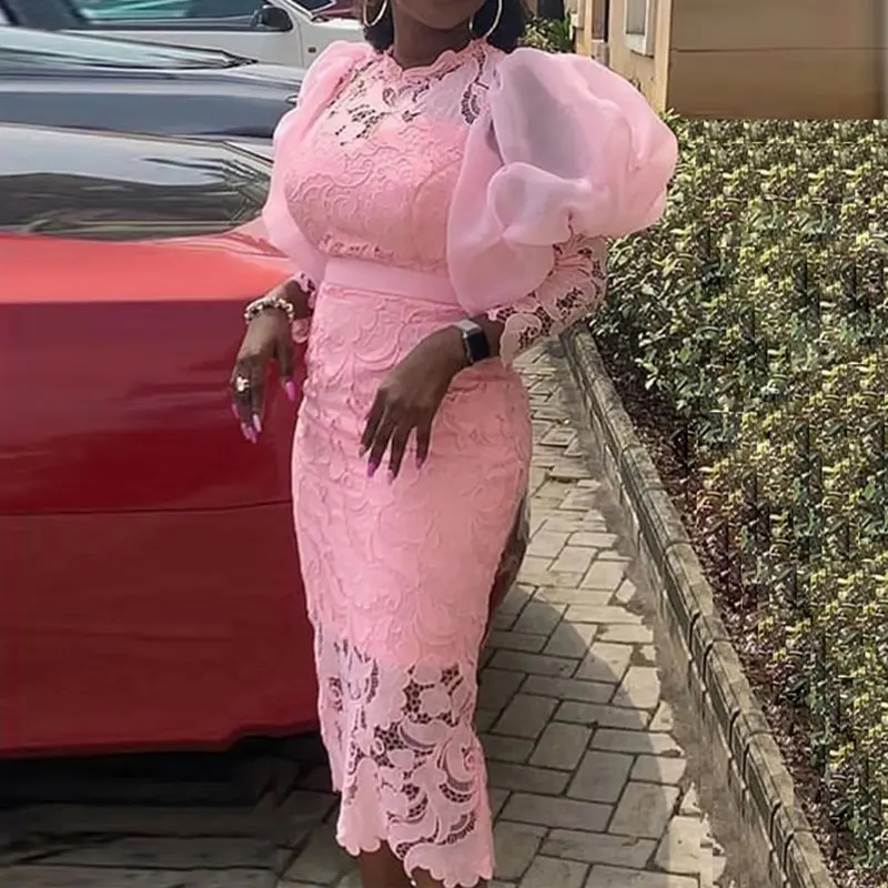 Розовые кружевные женские обтягивающие платья с пышными рукавами 2019 элегантные