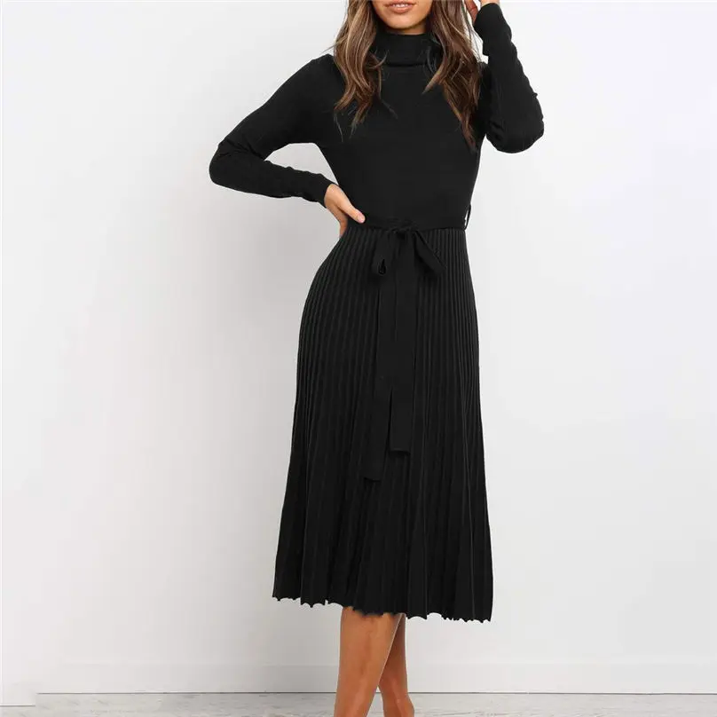 Модные женские зимние платья с высоким воротом 2019 приталенное Повседневное