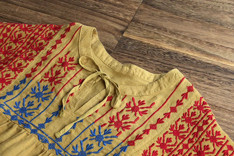 5977 new summer women Color embroidered cotton linen short dress Japan style Retro Casual O-Neck sleeve mini | Женская одежда