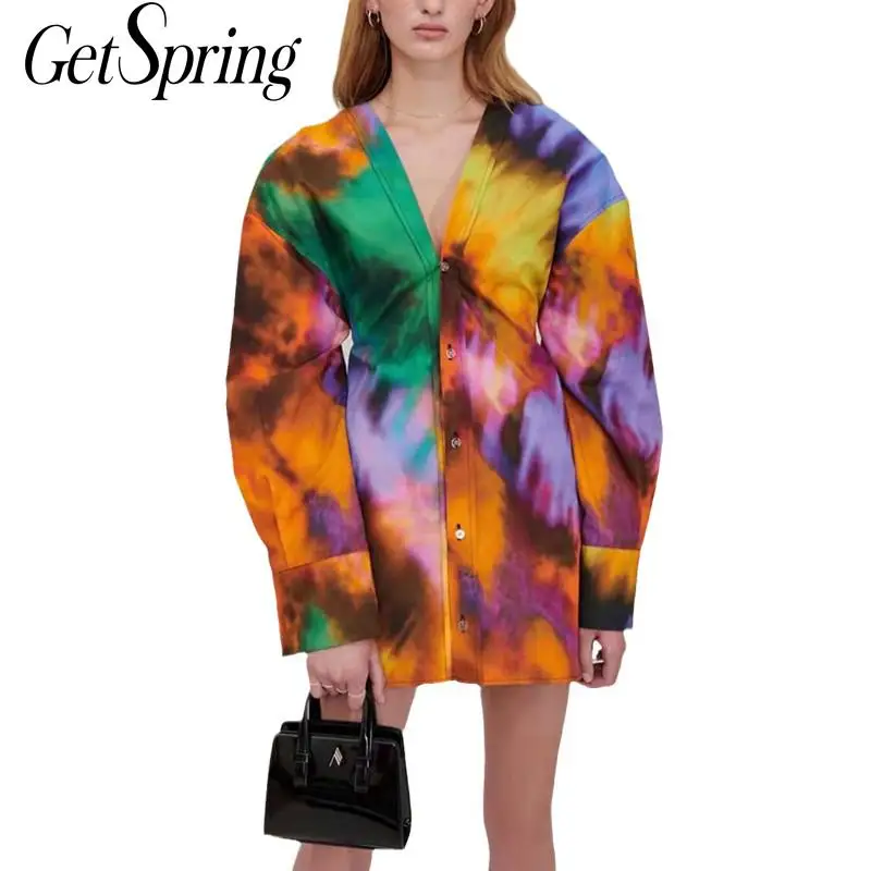 

Женское однобортное платье-рубашка GetSpring, разноцветное платье с принтом, с V-образным вырезом и длинным рукавом, модные летние платья