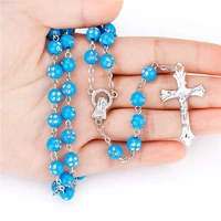 9 colors 8mm fashion jesus christ christian acrylic beads pendant long cross pendant rosary necklaces for unisex