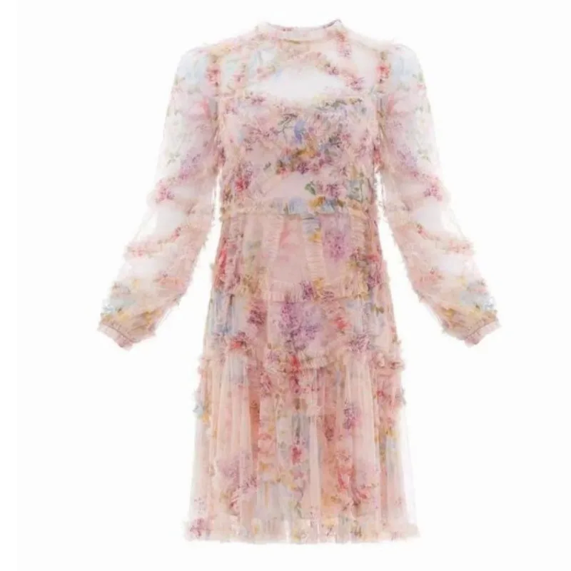 

[DEAT] O-neck Lantern Long Sleeve Knee Length Fungus Edge Collage Sweet Print Dress Skirt Women 2021 Spring And Summer GX1003