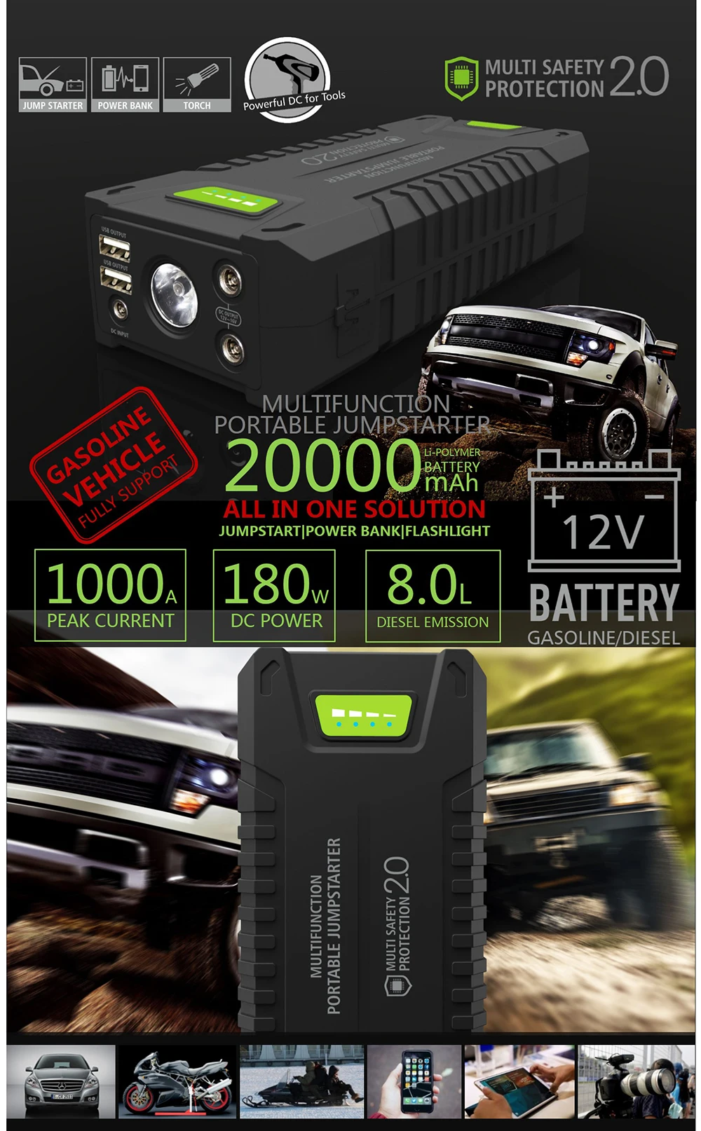 12V аварийного автомобиля Зарядное устройство 1000A 20000 мА/ч, Мощность внешний аккумулятор, автомобильное пусковое устройство стартовый усилитель устройства DC 12V USB 5V Выход
