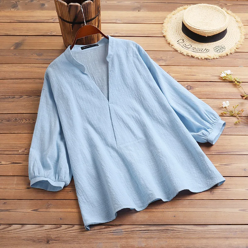 

Женская Элегантная блузка ZANZEA с V-образным вырезом и рукавом 3/4, летние повседневные однотонные блузы, модная свободная Офисная Рабочая руба...