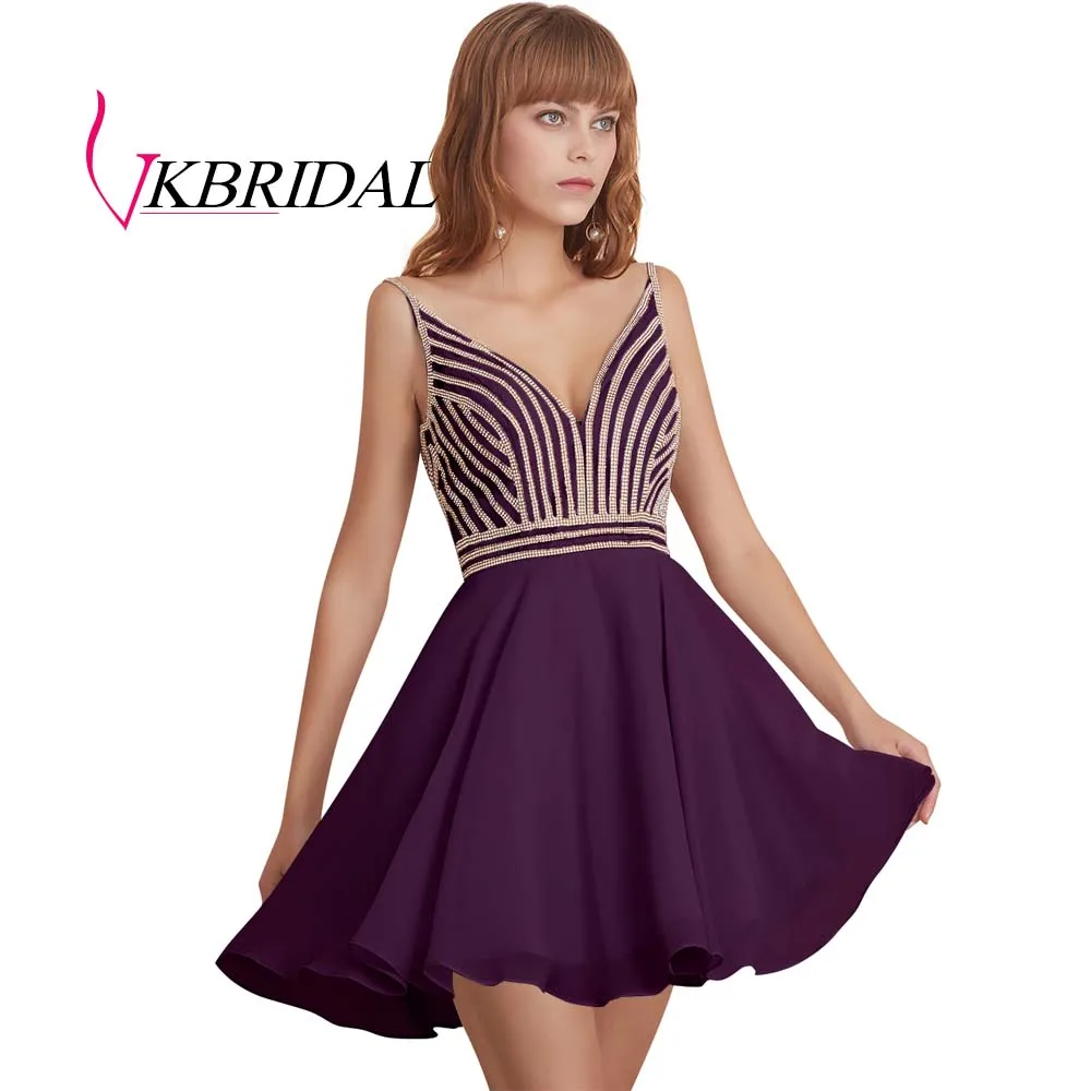 VKBRIDAL сексуальное короткое платье с v-образным вырезом для выпускного вечера Новое шифоновое бисерное милое платье с v-образным вырезом сзади - Цвет: Фиолетовый