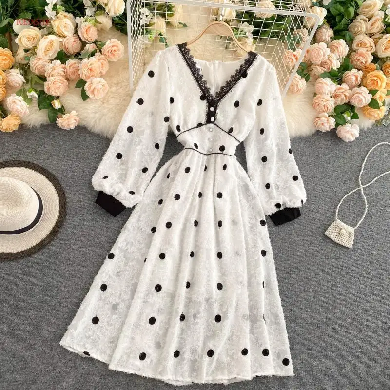 

Women's French Non-Mainstream Fairy Dress 2020 New Lace V-neck Polka Dot Long Sleeve Nipped Waist Slim Midi Dress Vestidos GK390