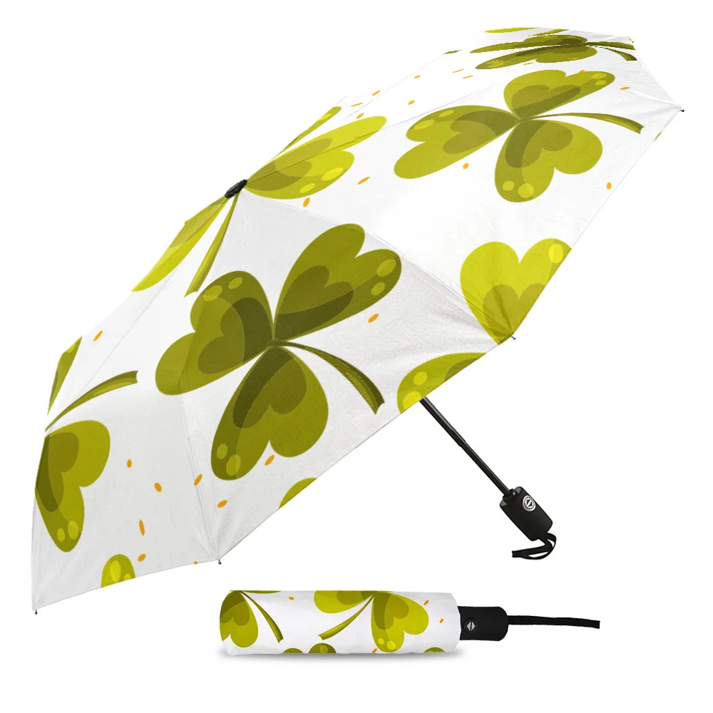 Yellow Green Clover Design Three-folding Umbrella Wind Resistant Folding Fully-automatic Sunny and Rainy |