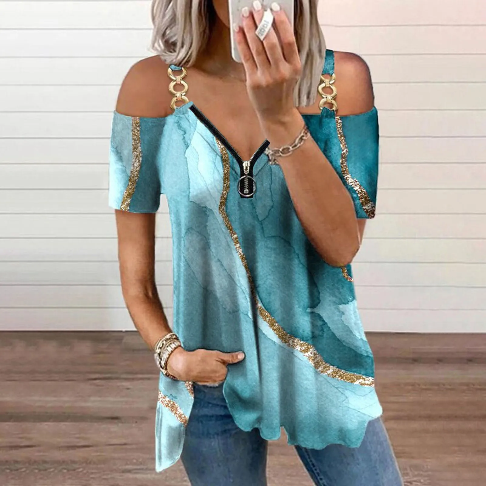 

Womens Blouse Off-the-shoulder Short-sleeve Tops Summer Prints Casual Shirts Blusas Loose Chemise Tunic Female Blusas Chemise R5
