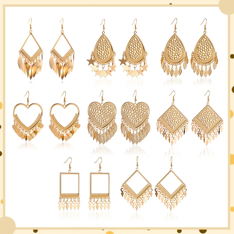 

Women's Earring, Ethnic Style Exaggerated, Geometric Love Tassels, Fashionable Long Water Drop Leaves, Jewelry Gifts