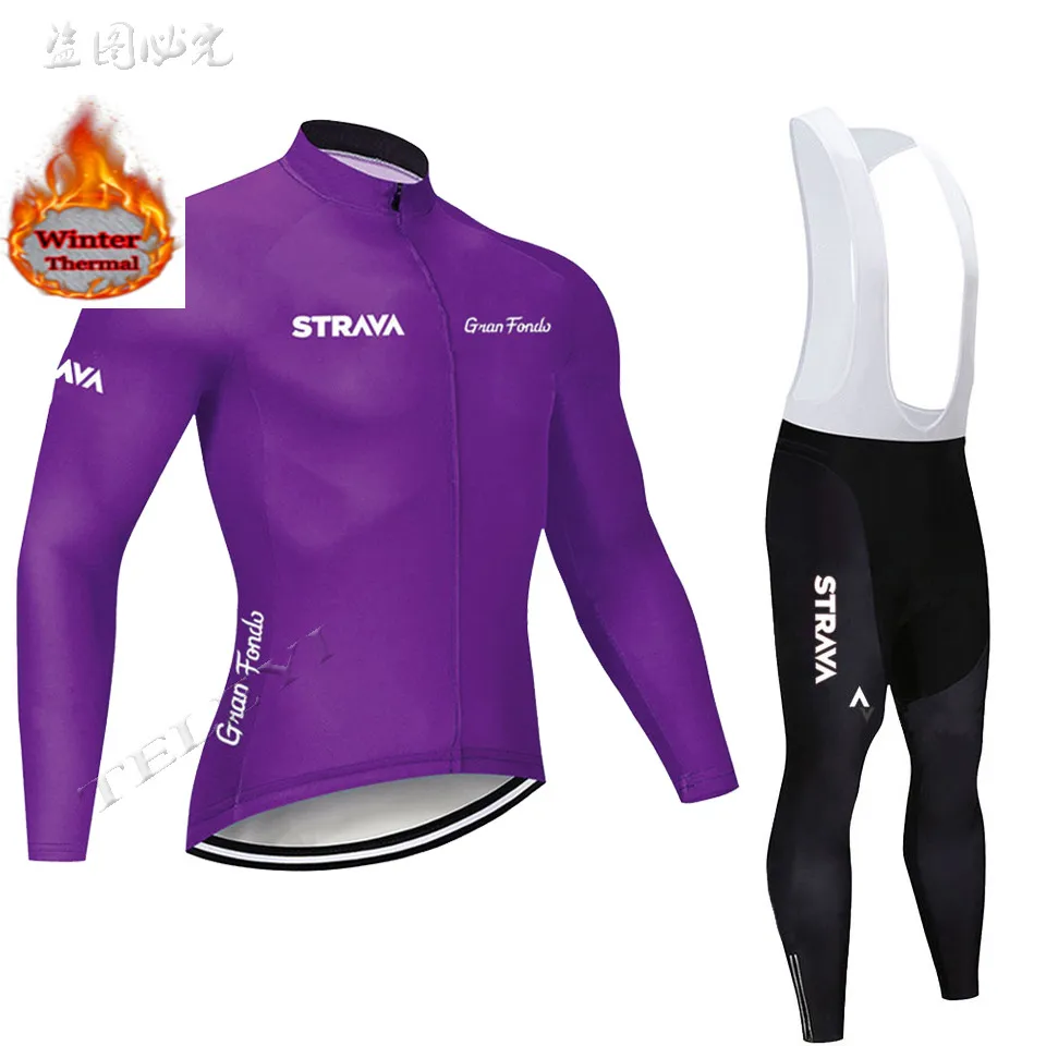 

2019 new winter STRAVA Long sleeve Cycling Jersey Set MTB Warm and windproof Cycling Clothing Strap suit
