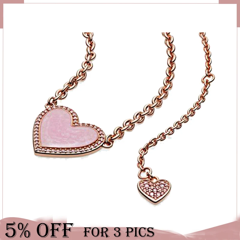 Ожерелье женское из серебра 2021 пробы с розовым сердцем и кристаллами | Украшения