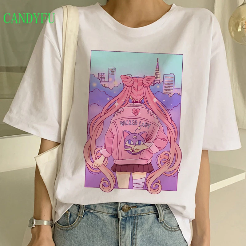 

90s Korean Style Funny Anime Tshirt Aesthetic Cartoon Top Tees Female Graphic Harajuku Ullzang T Shirt Women T-Shirt Cute Cat