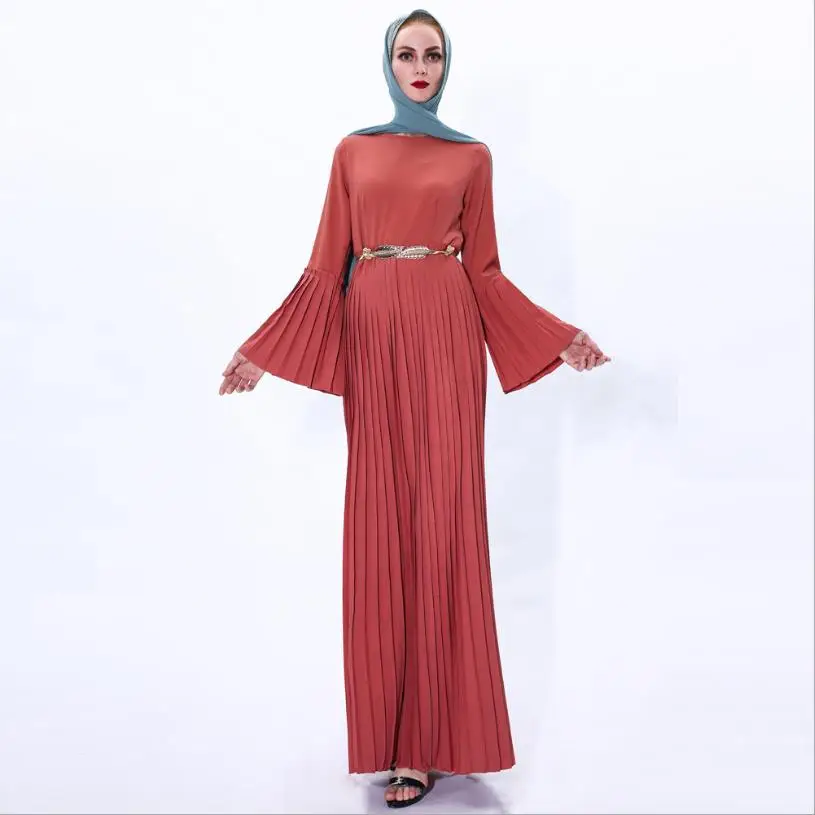 

Fashion Pleated Muslim Robe Syari Female Dubai Fashion Flare Sleeve Full Length Muslim Abaya Arab Abayas Muslim Dress Women