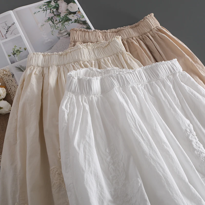 

2021 New Summer Women Three-dimensional Embroidered Skirt Elastic Waist Loose Literature A-line Skirt