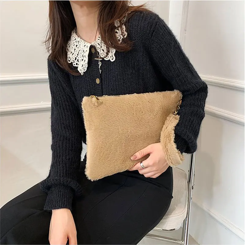 

Новинка корейский женский клатч мягкий плюшевый женский кошелек модные однотонные сумки для женщин 2021 зимняя винтажная сумка