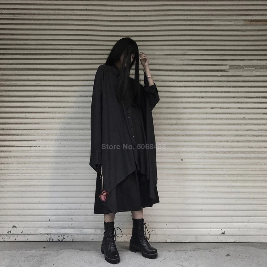 

Harajuku Japanese Samurai Women Long Black Blouse Shirt Dress Asymmetrical Irregular Robe Gown Medieval Punk Gothic Clothing