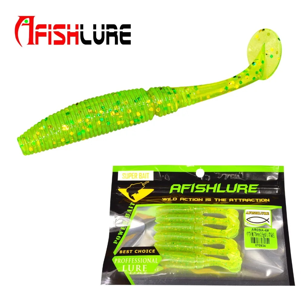 

Afishlure T Tail Shad 75mm 3" 3g Wobblers Silicone Soft Lure Jig Head Insects Fake Bait Texas Rig 6pcs Pack Worms