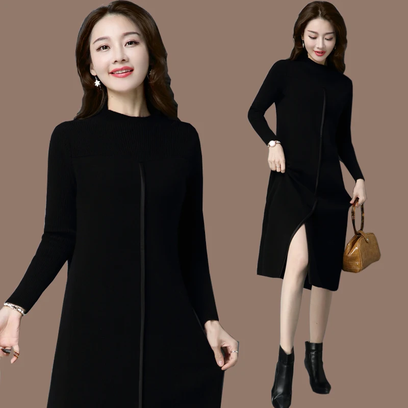 Осеннее женское платье большого размера шерстяное трикотажное с длинным рукавом