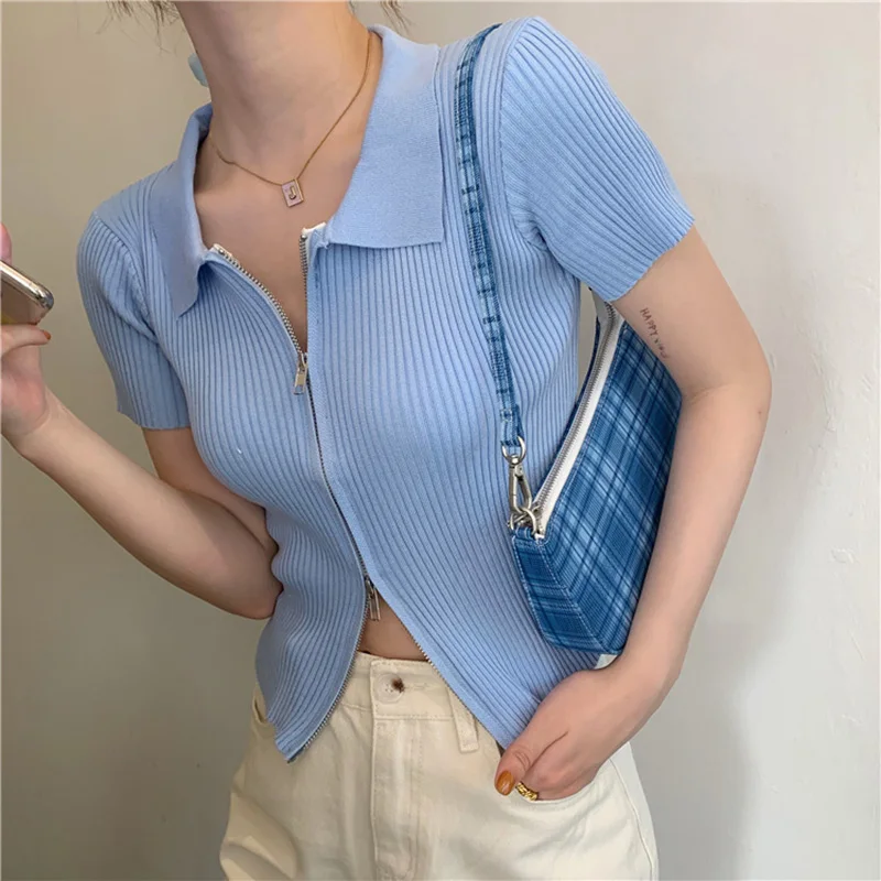 

Women's Shirt Y2K Spring Summer Knitted Short-Sleeve Top Solid Color Lapel Zipper Cardigan with Waist Thin Sweet AllMatch Blouse
