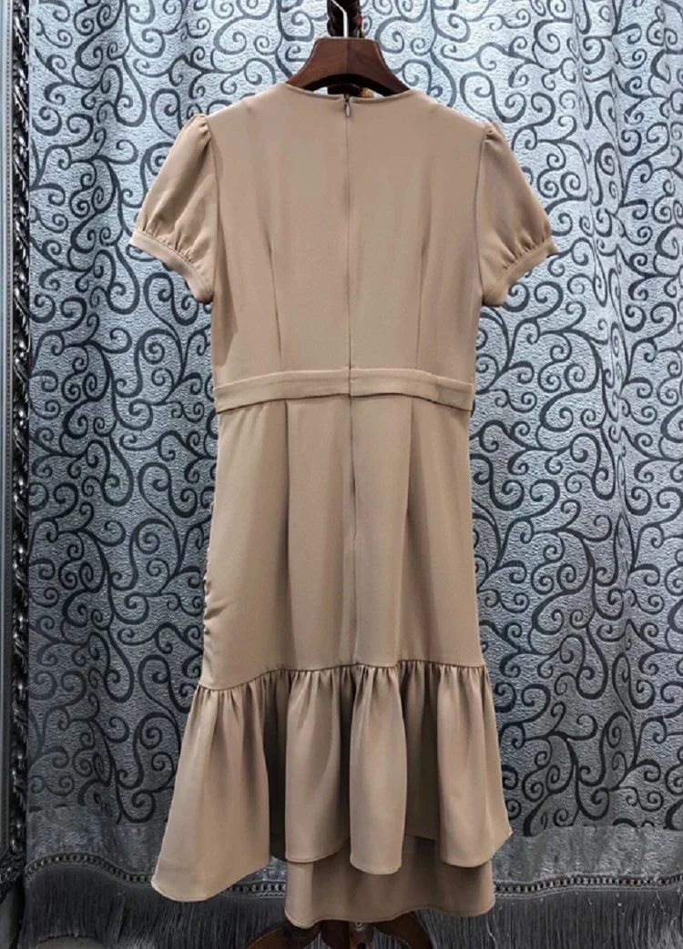 

New Arrival 2020 Summer Fashion Style Ladies V-Neck Golden Button Deco Ruffle Sexy Short Sleeve Pleated Dress