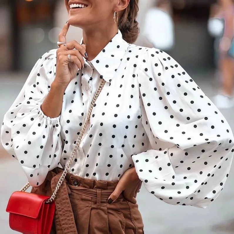 

Women Blouses 2022 Autumn Polka Dot Shirt 5XL Celmia Long Lantern Sleeve Lapel Neck Elegant Office Ladies Stylish Tops new