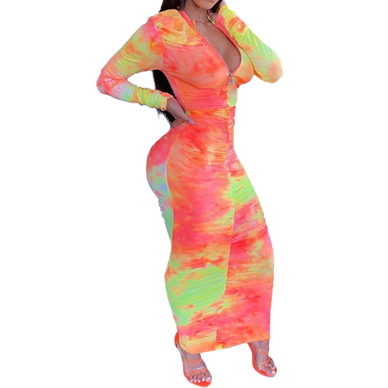 

NORMOV Women Dress Tie Dye V Noeck Zipper Long Sleeve Folds Dress Skinny Mid Calf Casual Female Dress