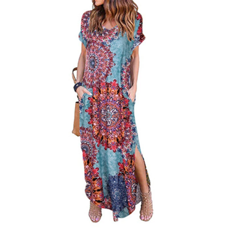 2019 Summer Women Robe Long Dress Casual Loose Floral Print Beach Holiday Boho Femme Large Size Sundress T577 | Женская одежда