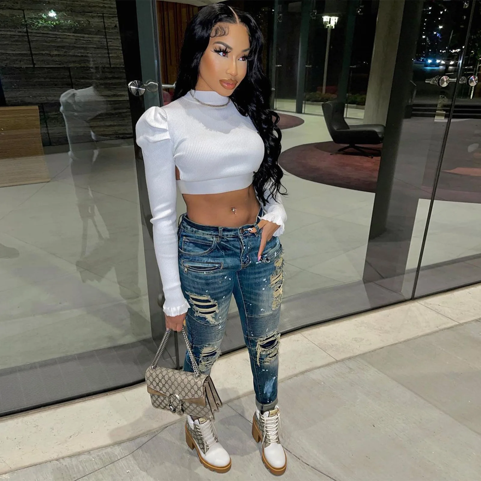 

Casaul Women Jeans Ripped Denim Skinny Hollow Out High Waist Streetwear Winter Clothes For Women Outfit