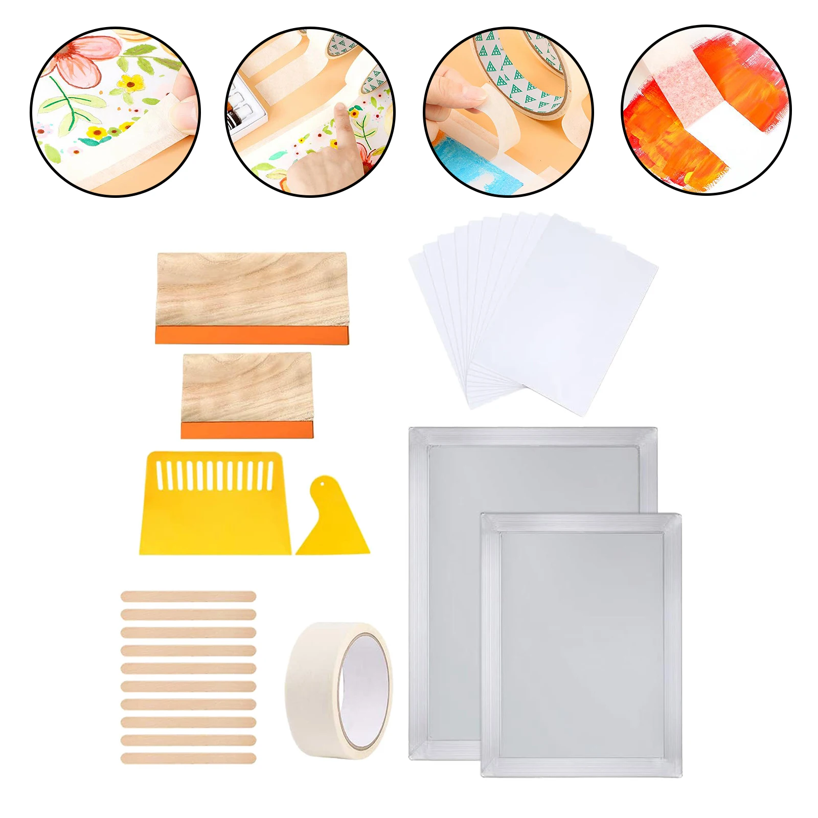 

Screen Printing Starter Kit, Stainless Steel Silk Screen Printing Frame, Squeegees, Inkjet Transparency Film and Mask Tape