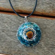 Handmade Orgone Pendant Necklace Blue Apatite & Tiger Eye Crystal Mineral Stone Aluminum Shavings EMF Protection