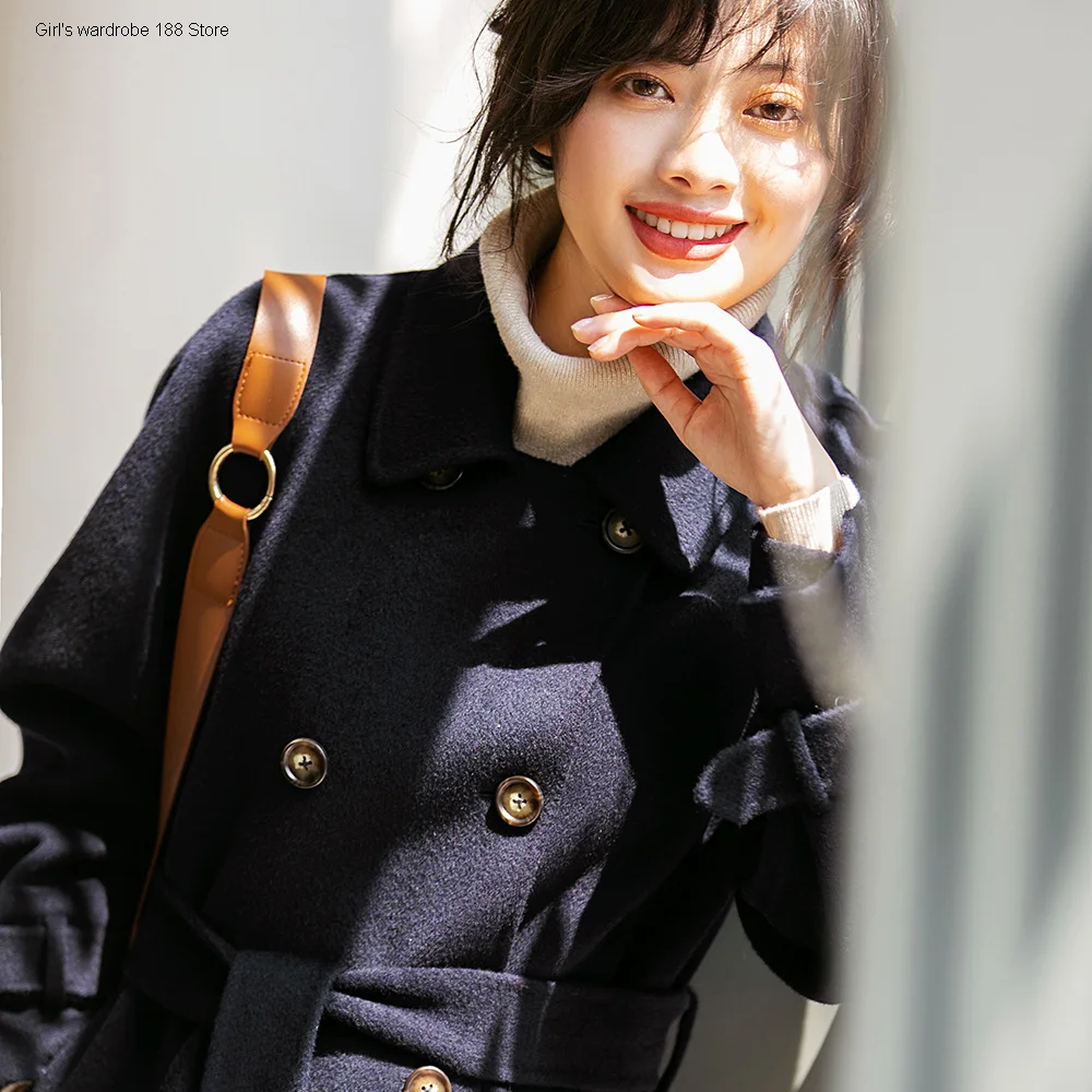 

autumn and winter new double-breasted sleeve lengthened double-sided woolen coat women's woolen coat
