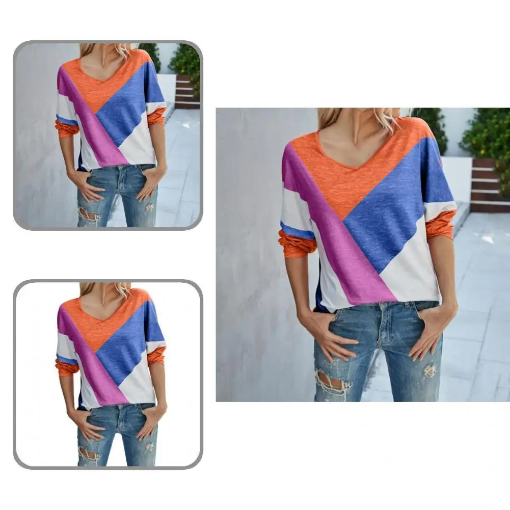 

Women Pullover All Match Popular Comfy Loose Color Block Print T-shirt