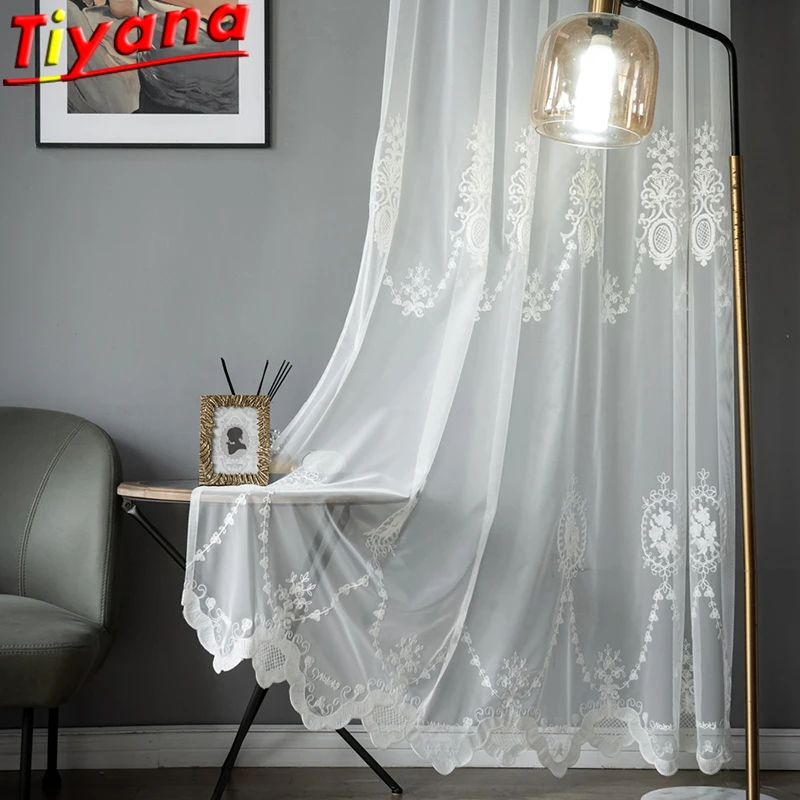 

European Luxury Geometric Embroidery Tulle Curtains for Living Room White Necklace Yarn Volie for Balcony Kitchen #HS