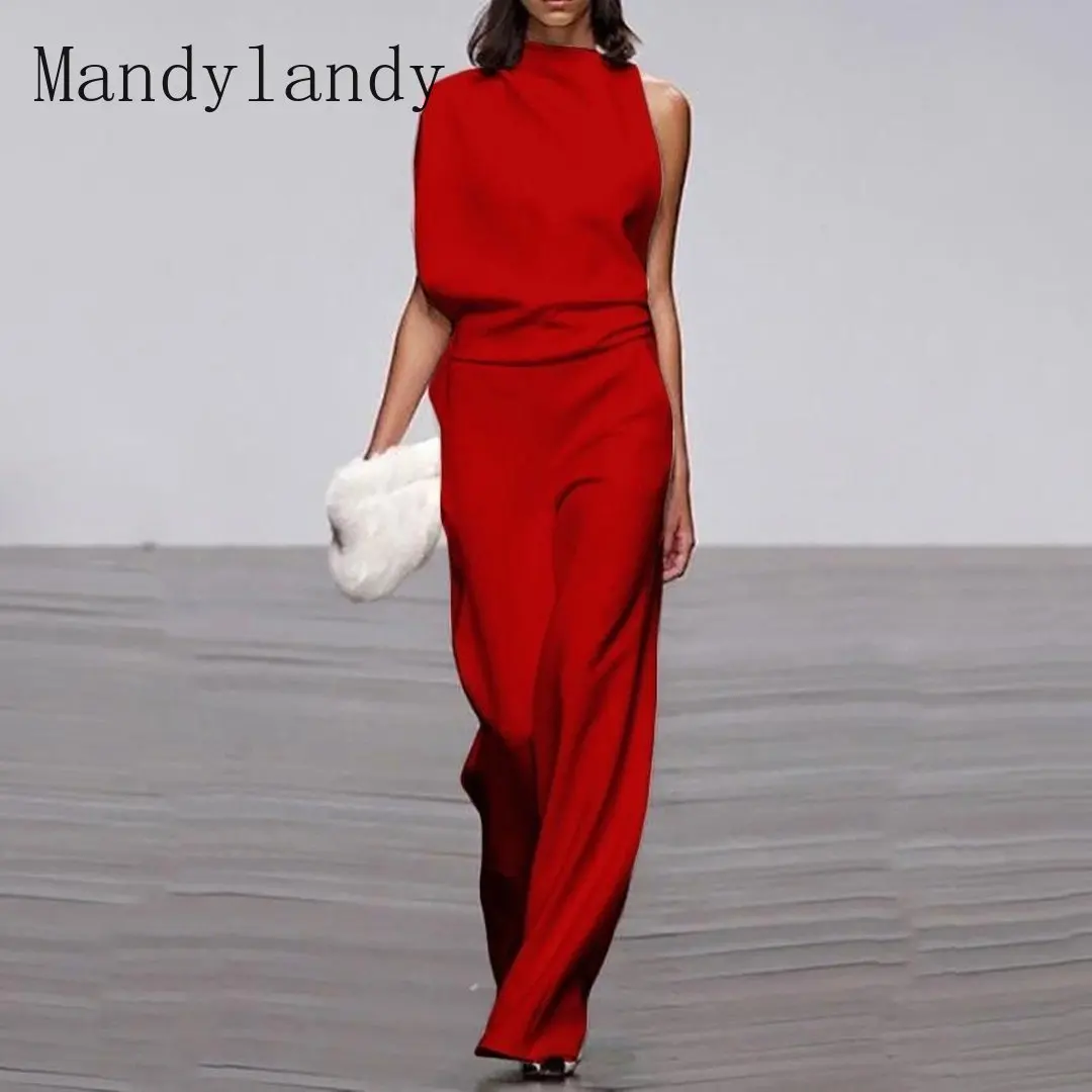 

Mandylandy Summer Fashion Loose Straight Jumpsuits Women's Fashion Sleeveless O-Neck Solid Color Jumpsuits