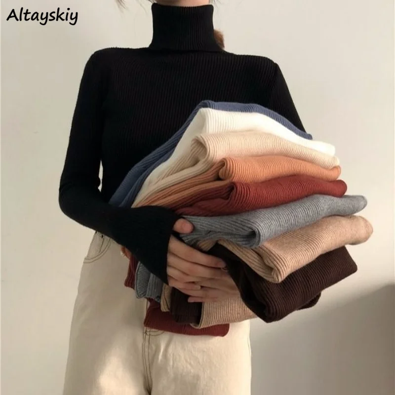 

Turtleneck Sweaters Women Slim Elegant Solid Pullovers New Korean Style Gentle Knitted Tops Bottoming Casual Sueters Female Ins