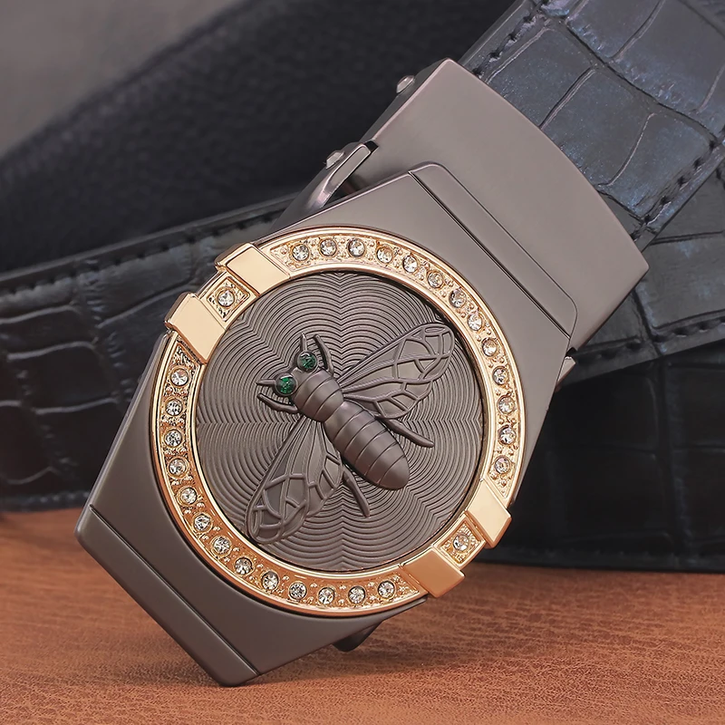 

Ремень мужской кожаный с автоматической пряжкой, изысканный дизайнерский серый крокодиловый пояс с узором пчела, повседневный