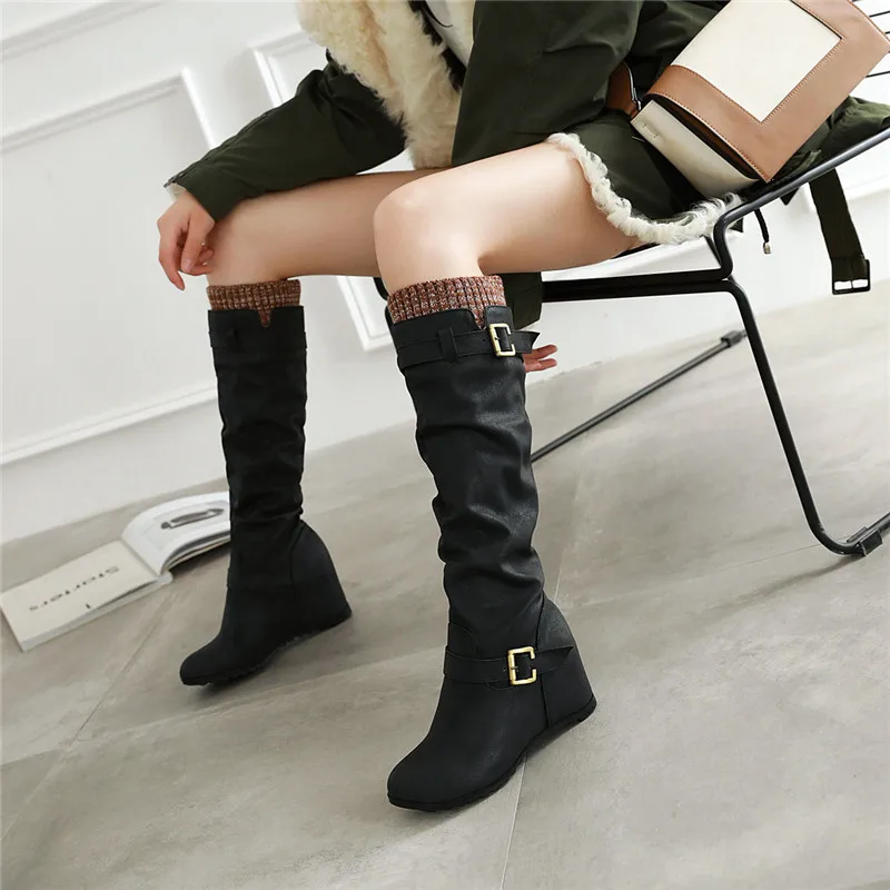 

ASUMER 2020 Newest fashion knee high boots women pu round toe buckle autumn winter boots comfortable wedges shoes ladies