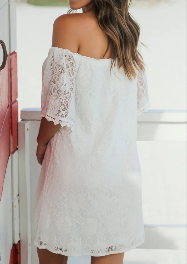 

hot sale sweet lace mini girl dresses Korean style off shoulder neckline solid chic summer dresses lady