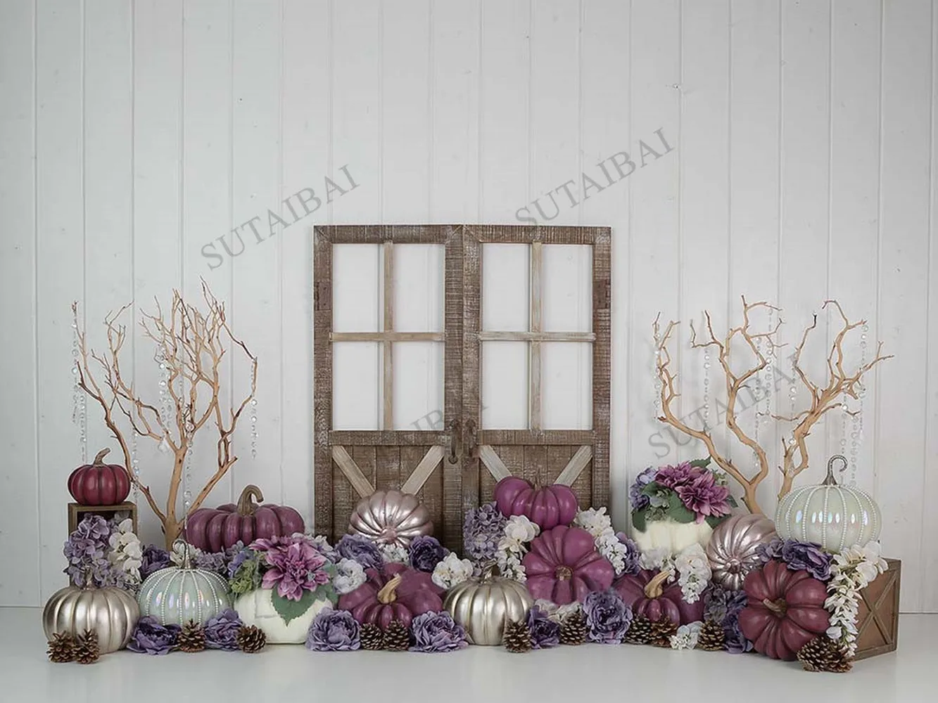 Тыква декорация для фотосъемки цветы деревянная дверь фон с белой стеной