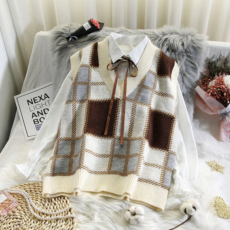 

Knit Vest Women Sweater Vintage England Style Sleeveless V-necked Jumper Winter Clothing Female Knitting Toppies