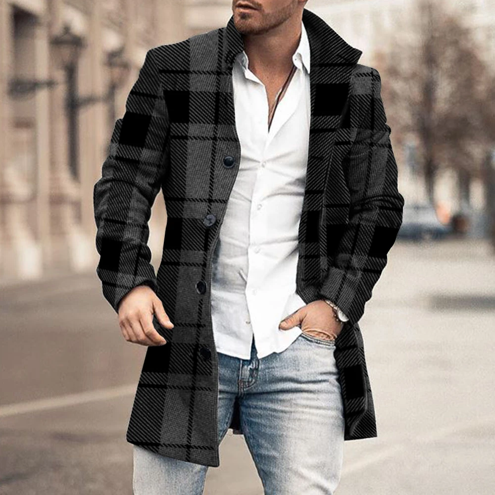 

Fashion Men Coat Stand Collar Long Sleeve Slim Blazer Coats Lattice Mid Length Grid Plaid Male Outwear Single-Breasted Cool Man