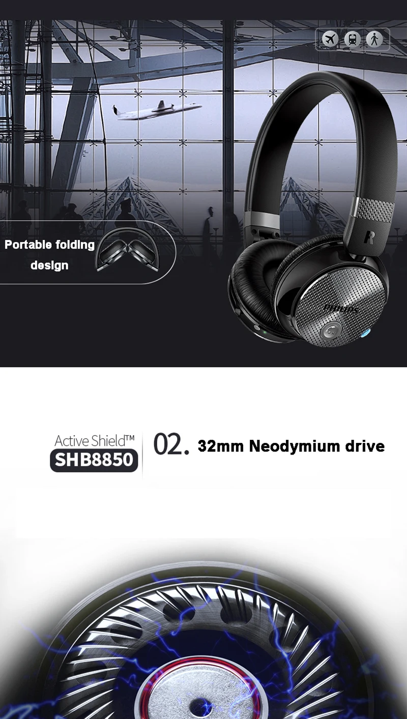 Оригинальные беспроводные bluetooth-наушники Philips SHB8850 с активным шумоподавлением NFC гарнитура с микрофоном для S9 S9 Plus