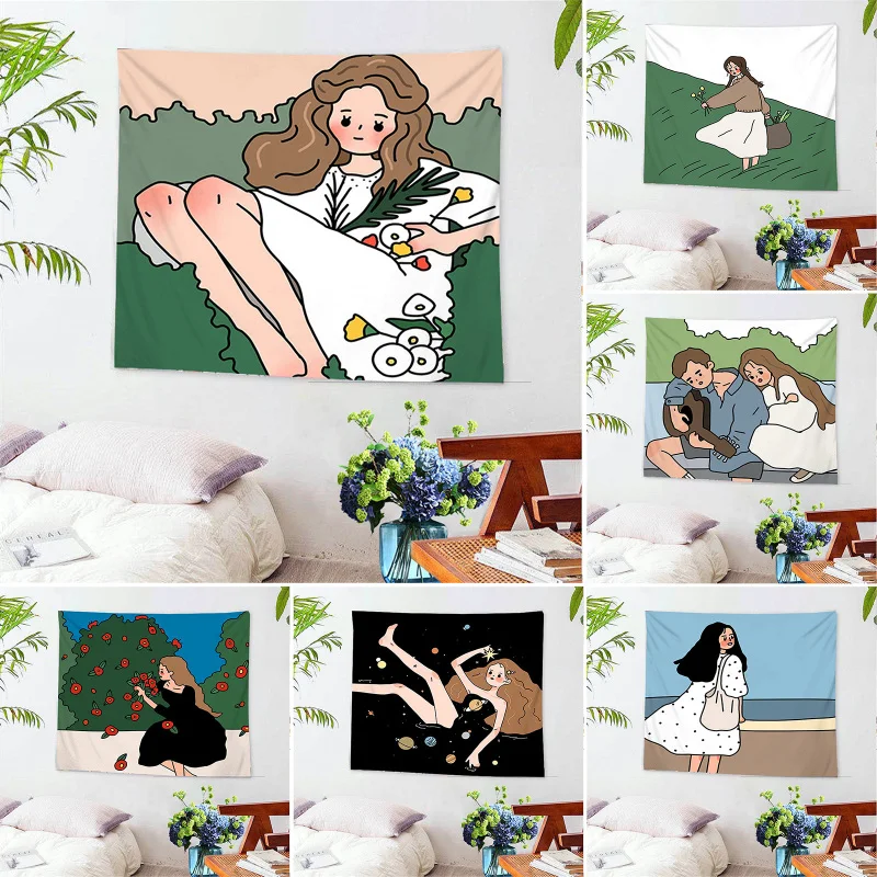 

Fuwatacchi Cartoon Girls' Photo Tapestry Wall Hanging Bedspread Carpet Bohemian Beach Mats For Home Art Decor Blanket Tapestries
