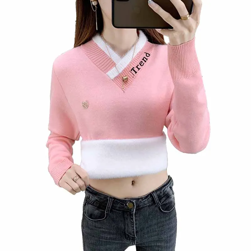 

Fashion Fluff Together Sweater Women Autumn Winter Plus Velvet Thicken Warm Knitted Bottoming Stretch V-Neck Top Pullovers KW375