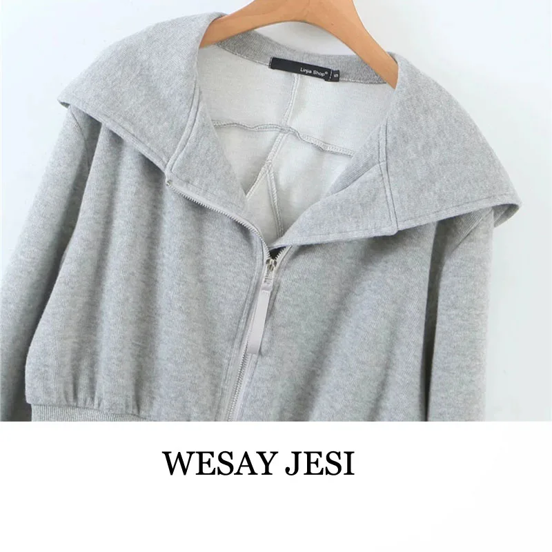 

WESAY JESI 2021 Waist Hooded Short Sweater Jacket Women Spring And Autumn Loose Long-Sleeved Sports Zipper