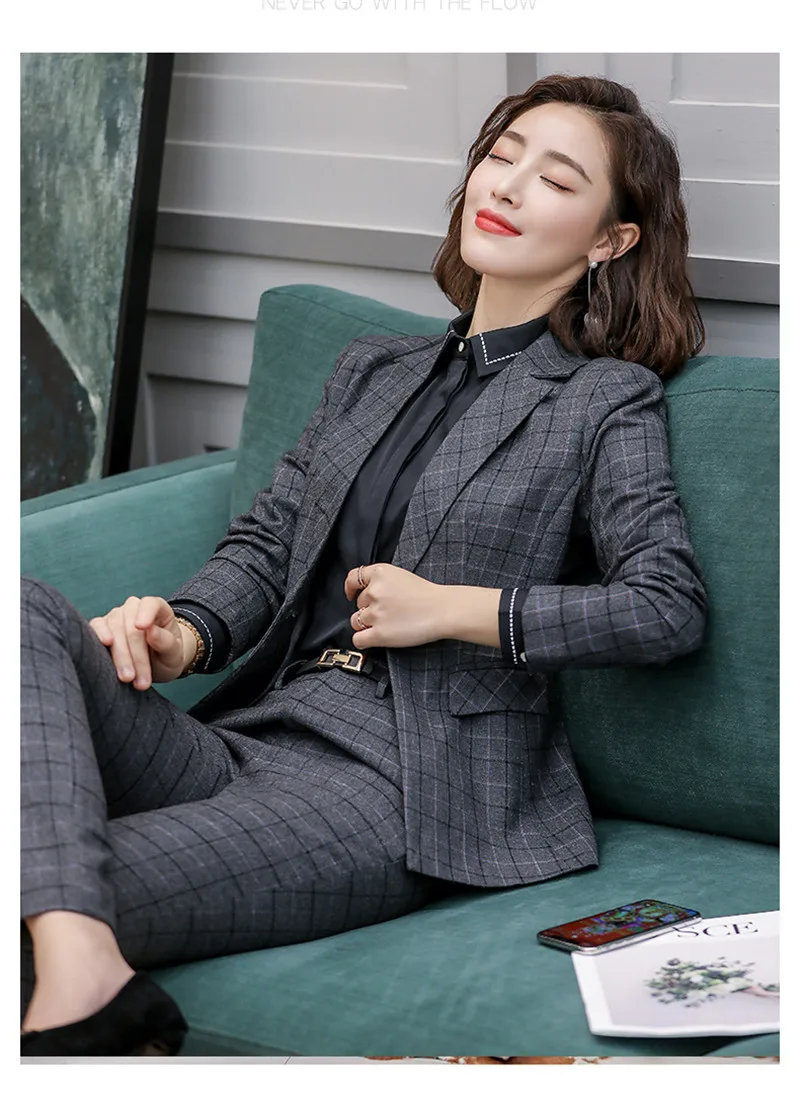 

Adogirl slim turn down collar plaid pattern suits long sleeve elegant business suits for lady outer coast and pants and skirts